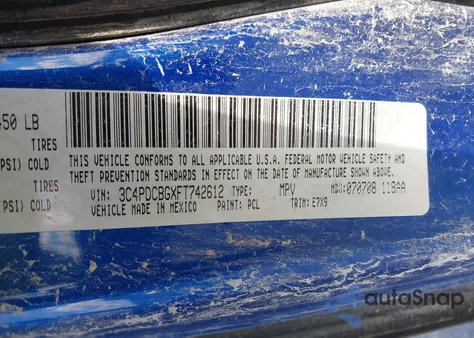 2015 Dodge Journey Sxt z USA, uszkodzony, nr VIN 3C4PDCBGXFT742612